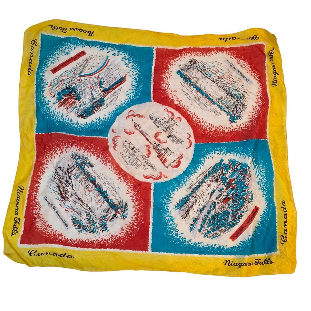 Vintage Niagara Falls Souvenir Scarf Canada Travel Illustrated Hankie